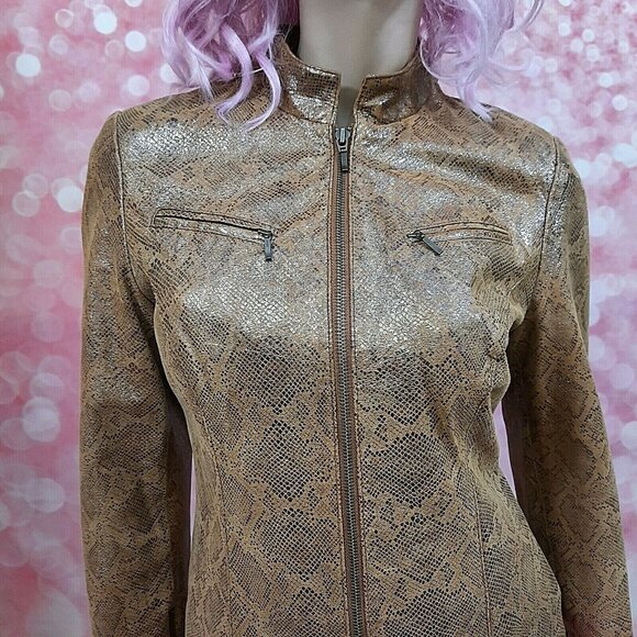 Y2K  Metallic Snake Print Leather Moto Jacket Womens Size M Tan Beige - Picture 1 of 12
